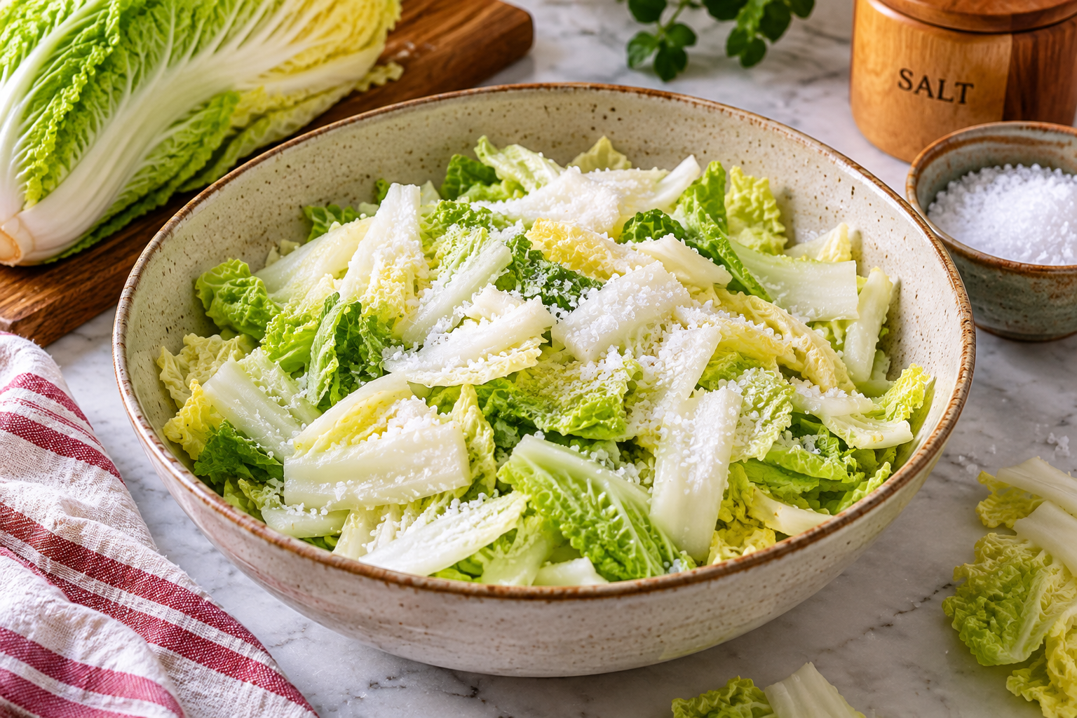 Napa cabbage cut into pieces and salted in a bowl to soften and release moisture for homemade kimchi.