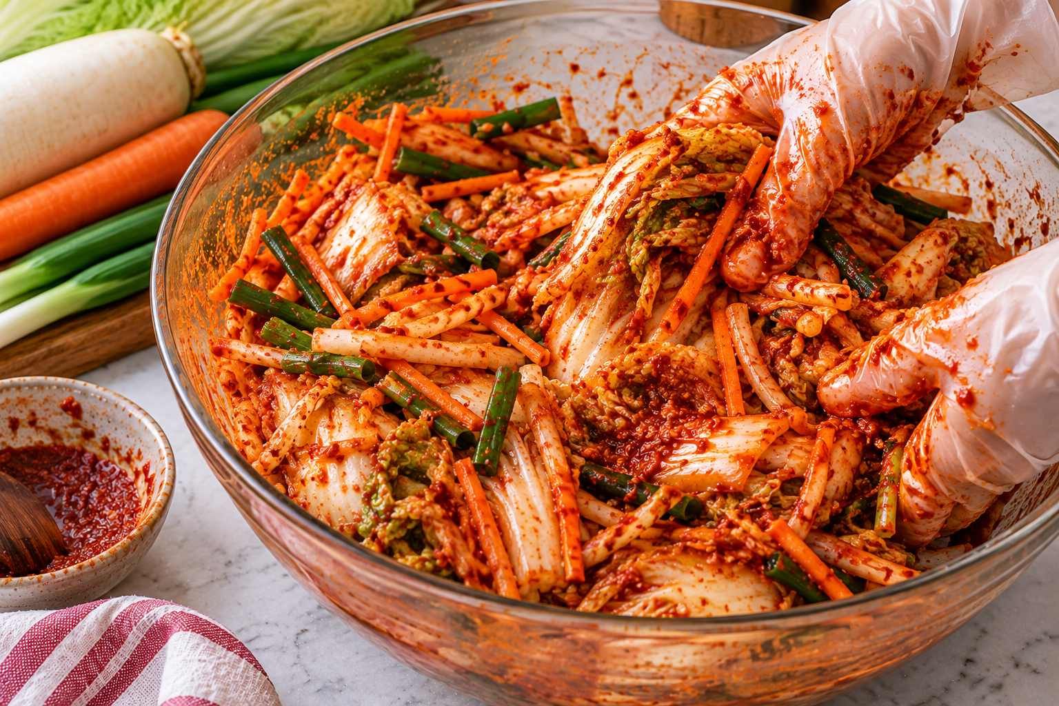 Seasoned Napa cabbage kimchi packed firmly into a clean glass jar with headspace for fermentation.