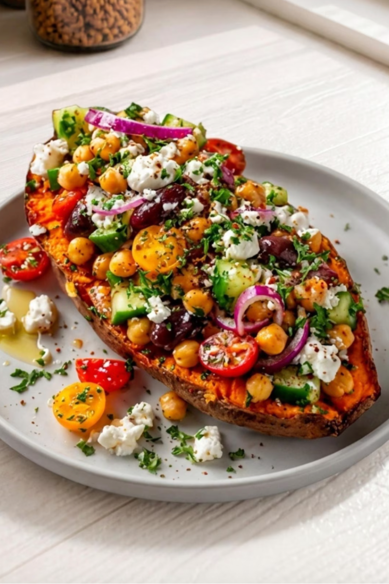 Healthy Mediterranean stuffed sweet potato topped with lemony chickpeas, cucumber, tomato, feta, Kalamata olives and fresh parsley.