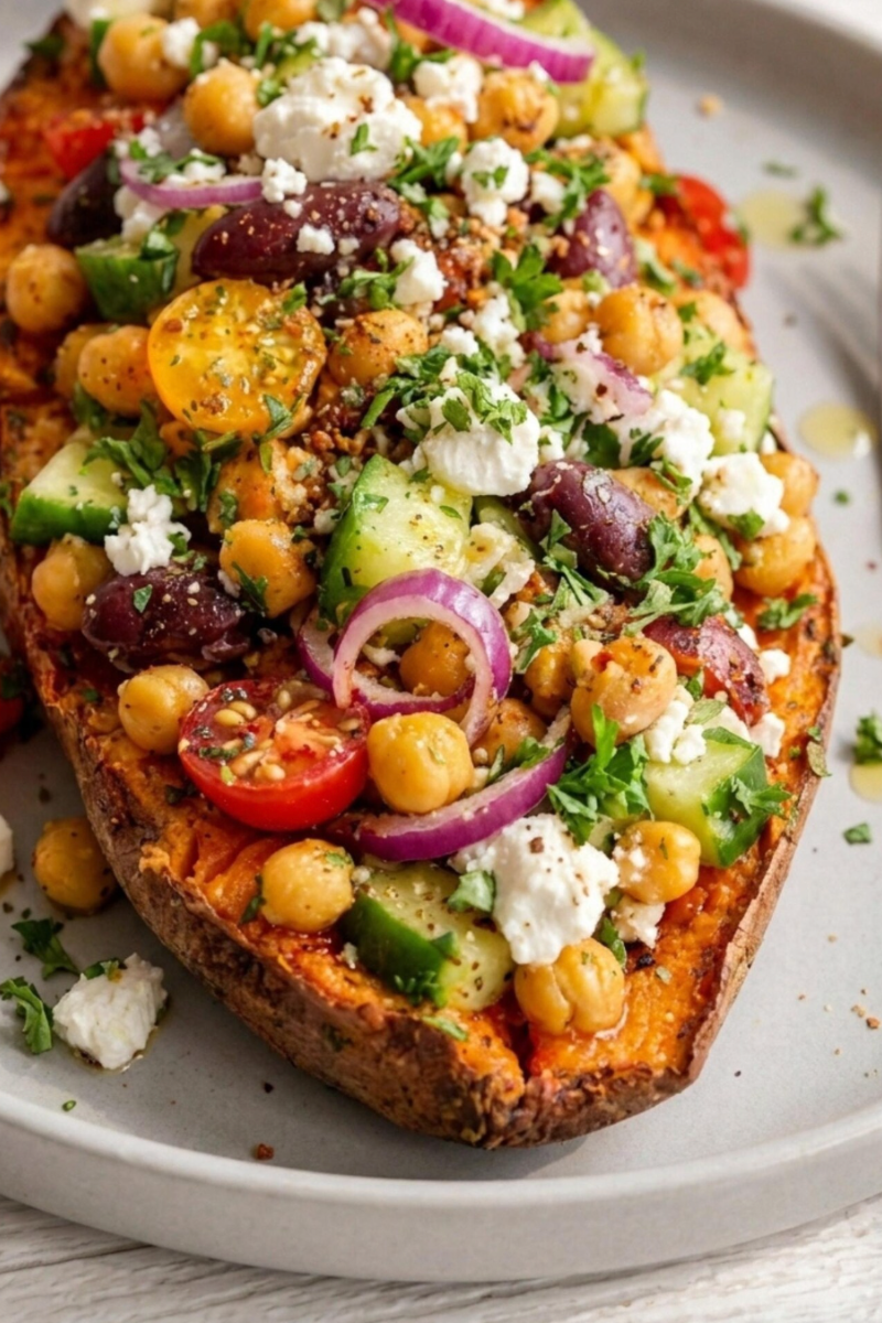Mediterranean stuffed sweet potato with chickpeas, crisp vegetables, feta, olives and fresh herbs served as a healthy vegetarian meal.
