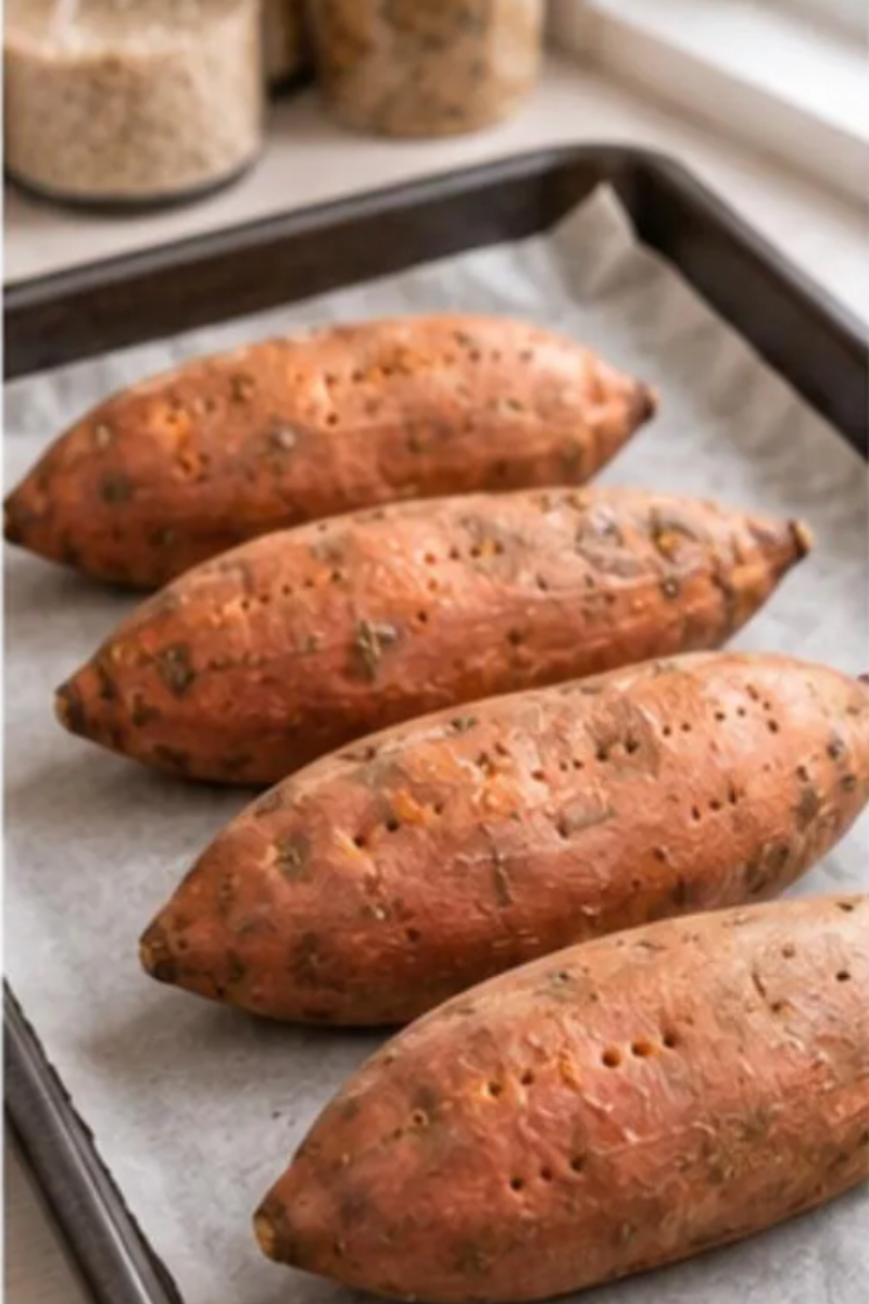 Whole sweet potatoes arranged on a baking sheet ready to roast until tender.