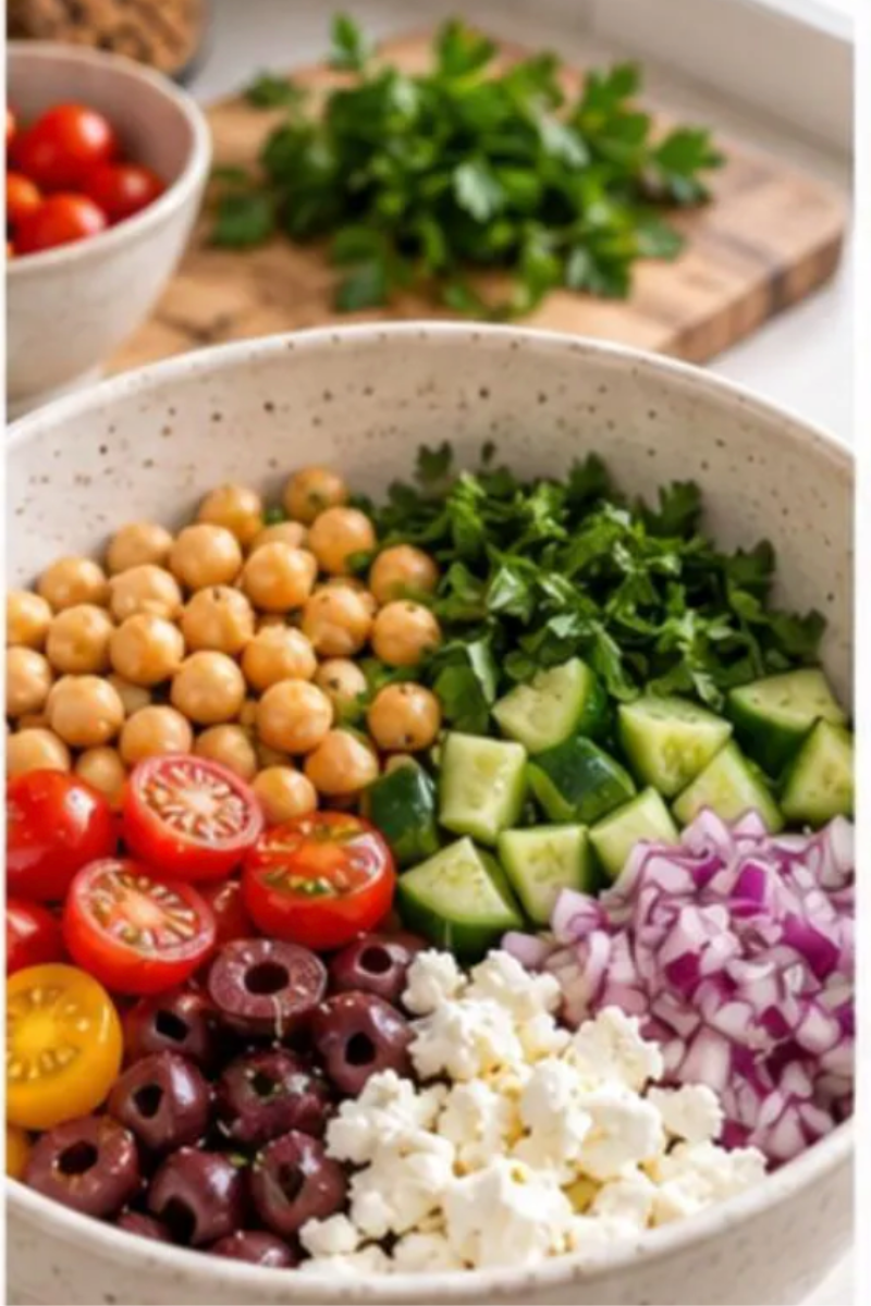 Mediterranean chickpea filling with cherry tomatoes, cucumber, Kalamata olives, red onion and fresh herbs in a bowl.