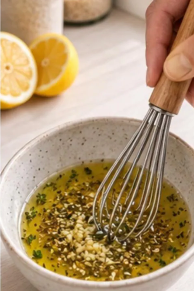 Lemon oregano dressing made with olive oil, fresh lemon juice, dried oregano, salt and black pepper.