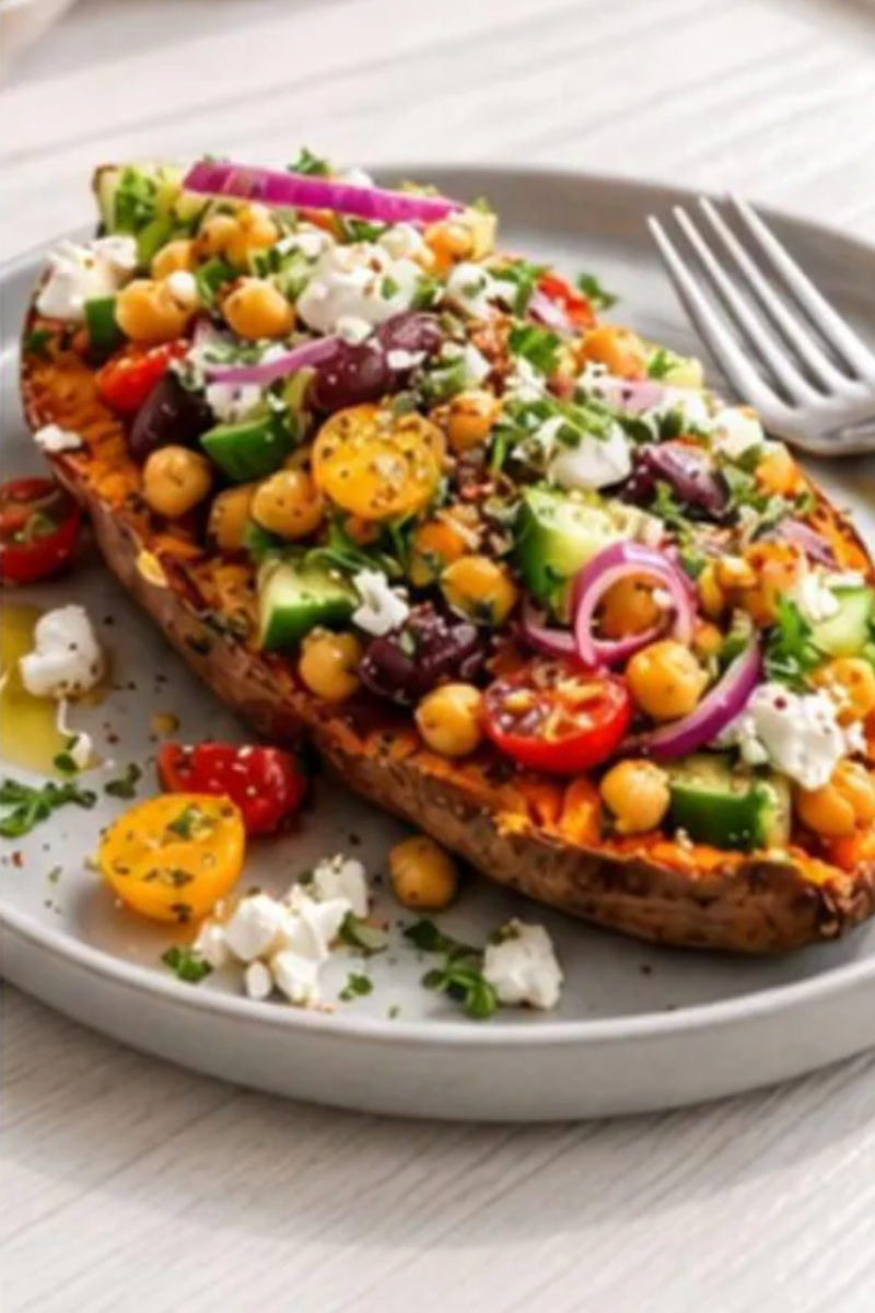 Finished Mediterranean stuffed sweet potato boat generously filled with chickpeas, cucumber, tomatoes, feta, olives and fresh herbs.