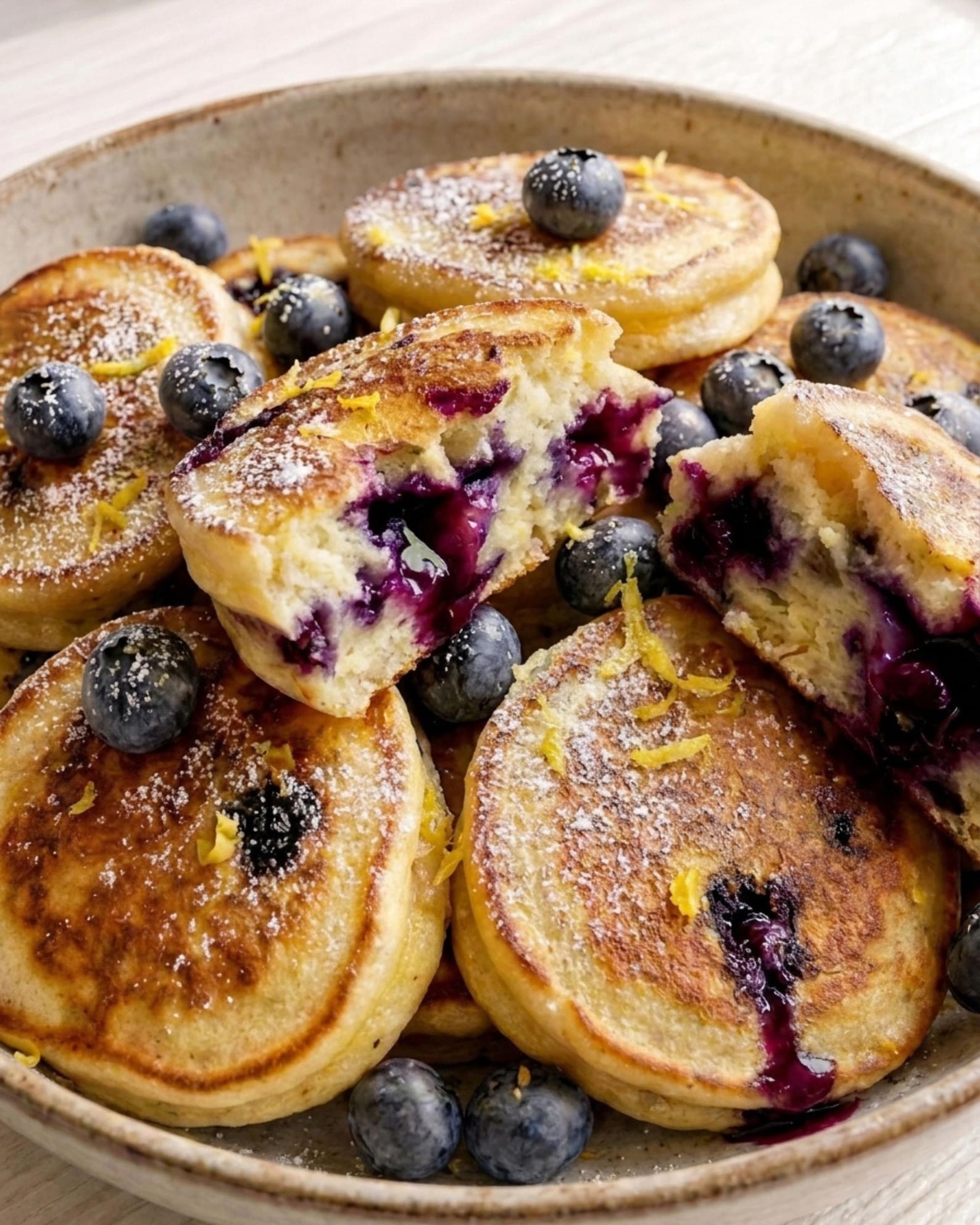 Greek yogurt lemon blueberry pancake bites topped with fresh blueberries
