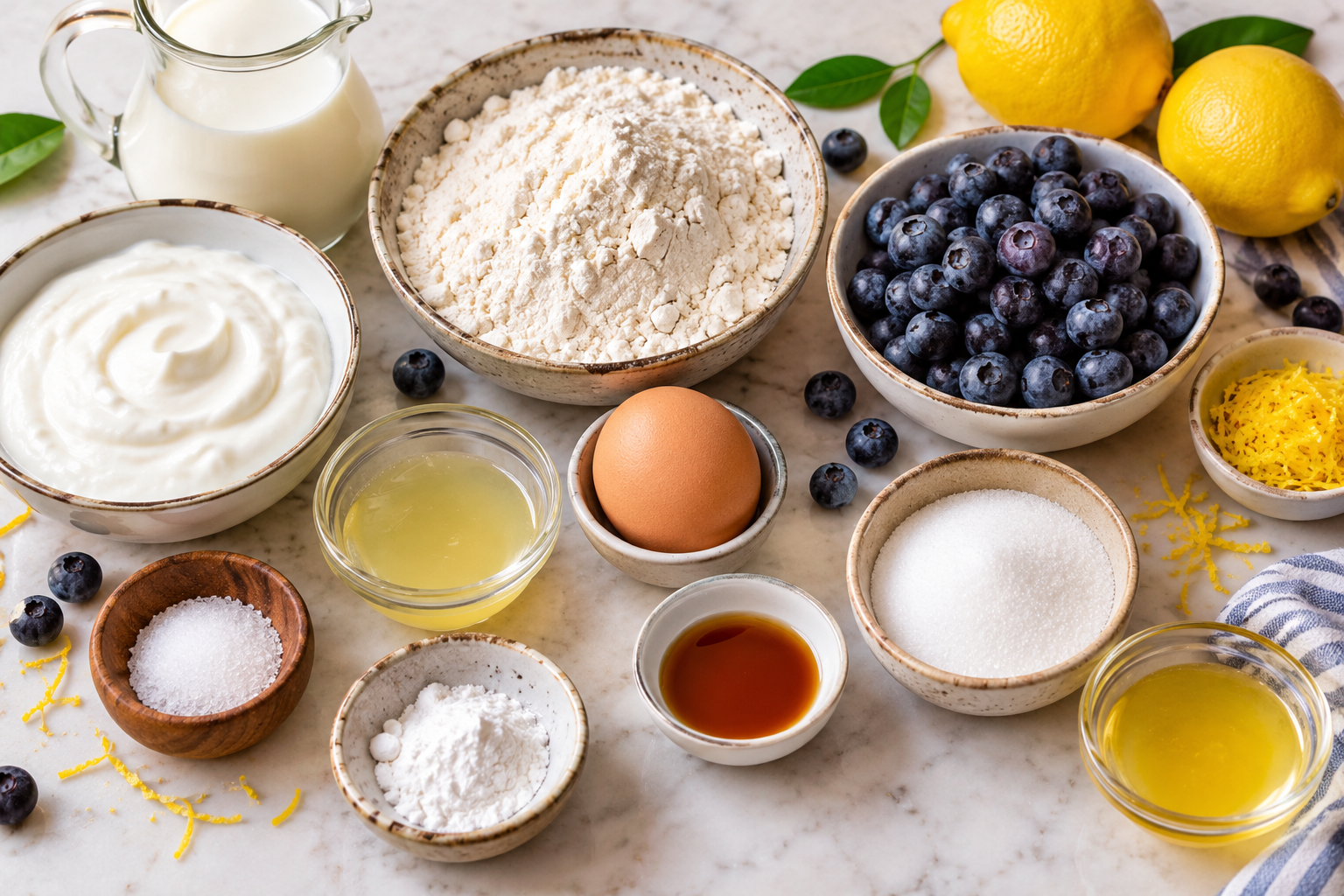 Essential ingredients for Greek yogurt lemon blueberry pancake bites