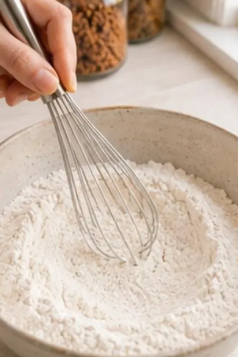 Flour, baking powder, sugar and salt whisked together for pancake batter