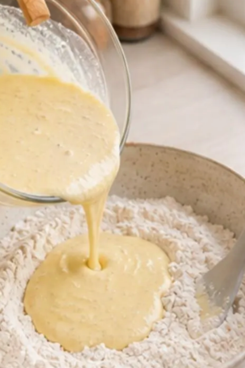Wet and dry ingredients combined to make thick lemon blueberry pancake batter