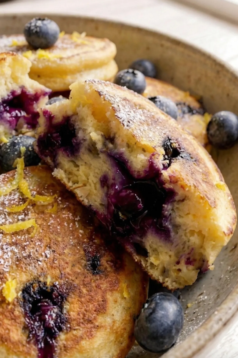 Golden blueberry pancake bites cooking in a skillet until fluffy and cooked through