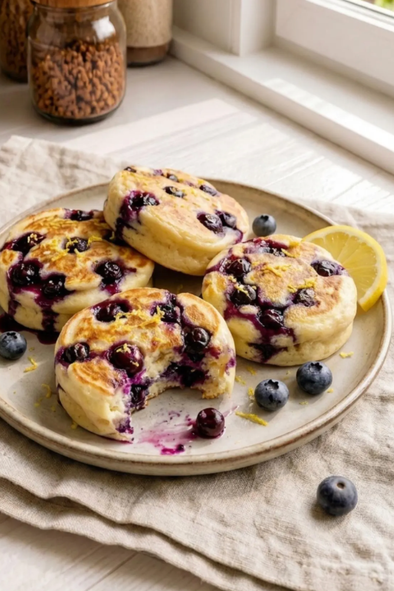 Fluffy lemon blueberry pancake bites served with fresh blueberries and lemon zest