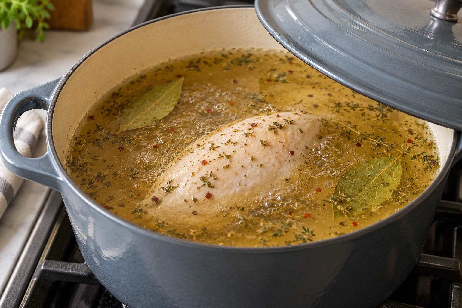 Chicken breasts and herbs gently simmering in seasoned broth with carrots and celery