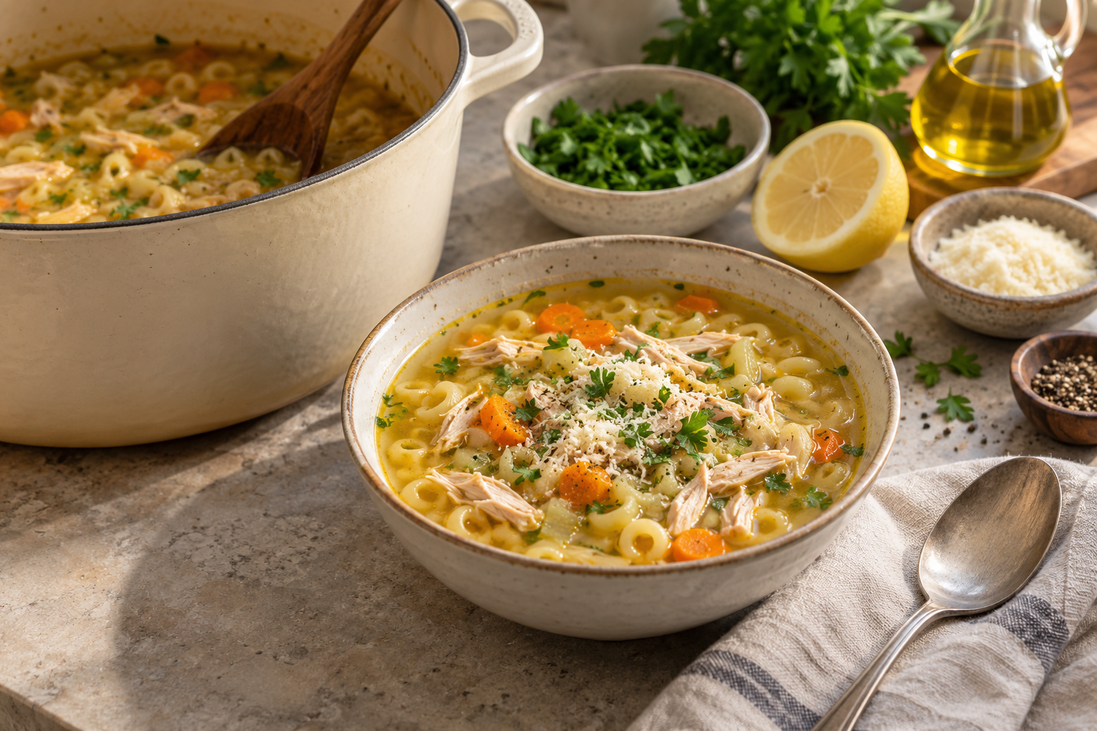 Italian penicillin-style chicken soup topped with parsley, lemon, black pepper, and Parmesan