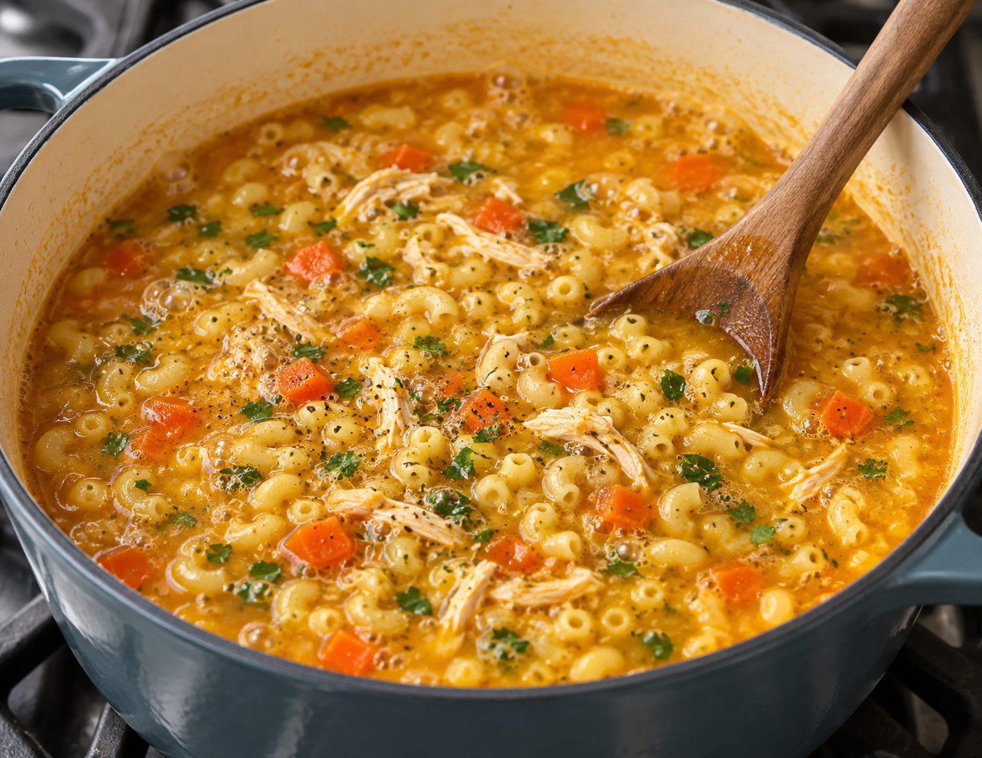 Small pasta cooking in the chicken broth with shredded chicken and tender vegetables