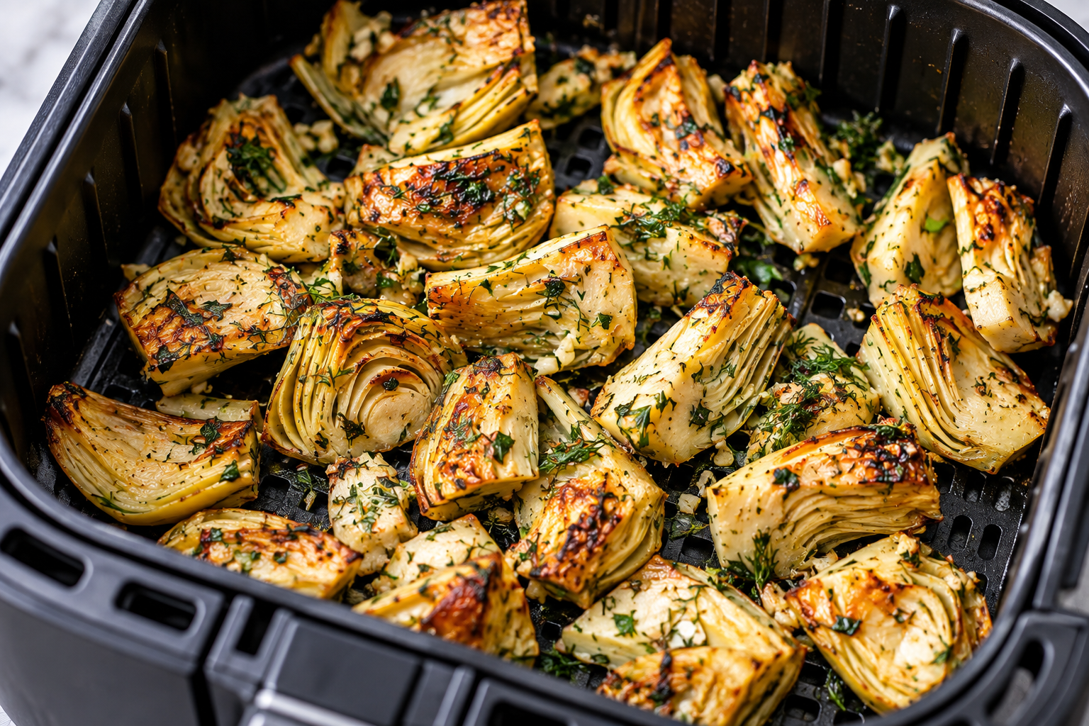 Air-fried chargrilled artichokes with golden-brown, slightly crisp edges and fresh herbs