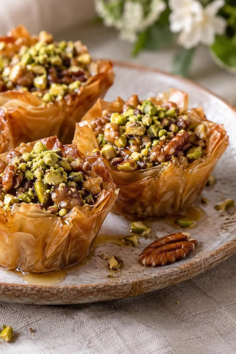 Pecan pistachio baklava cups with crisp golden phyllo layers and honey syrup