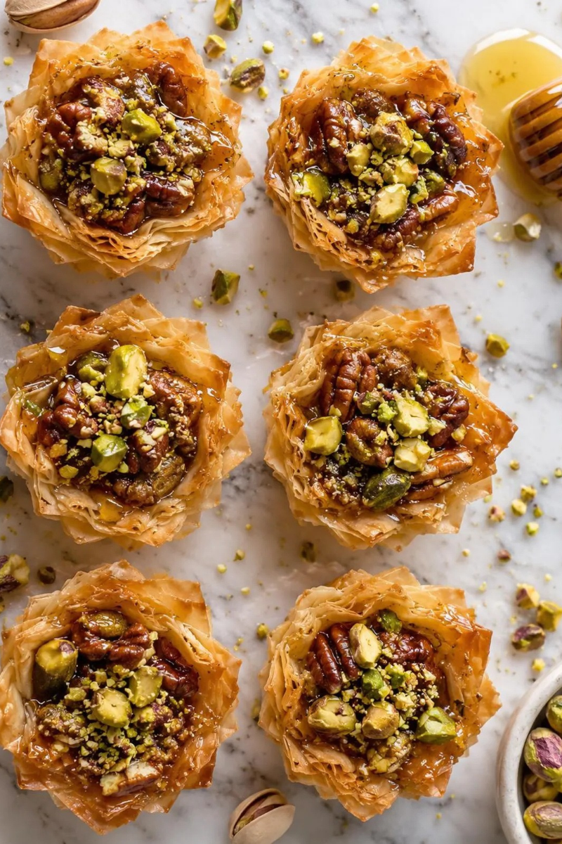 Homemade pecan pistachio baklava cups filled with chopped nuts and topped with pistachios