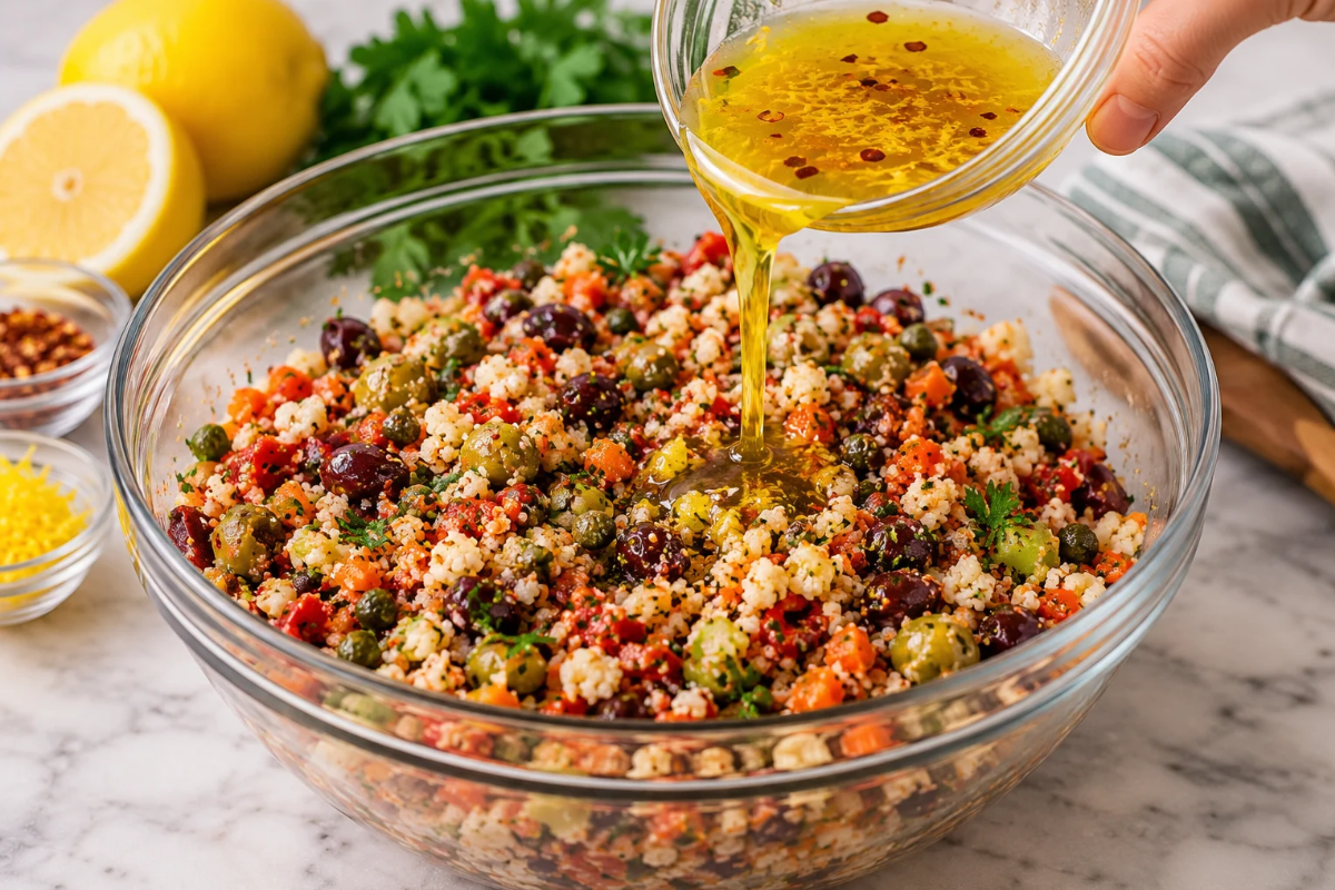 Finely chopped Mediterranean olive salad with mixed olives, crunchy vegetables, fresh herbs, and olive oil ready to serve over labneh.