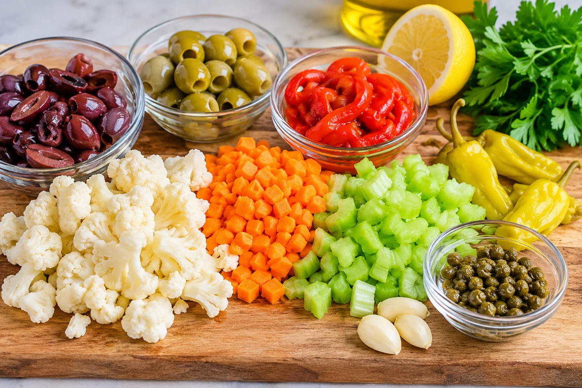 Fresh ingredients for Mediterranean olive salad including olives, cauliflower, carrots, celery, roasted red peppers, capers, lemon, and parsley.