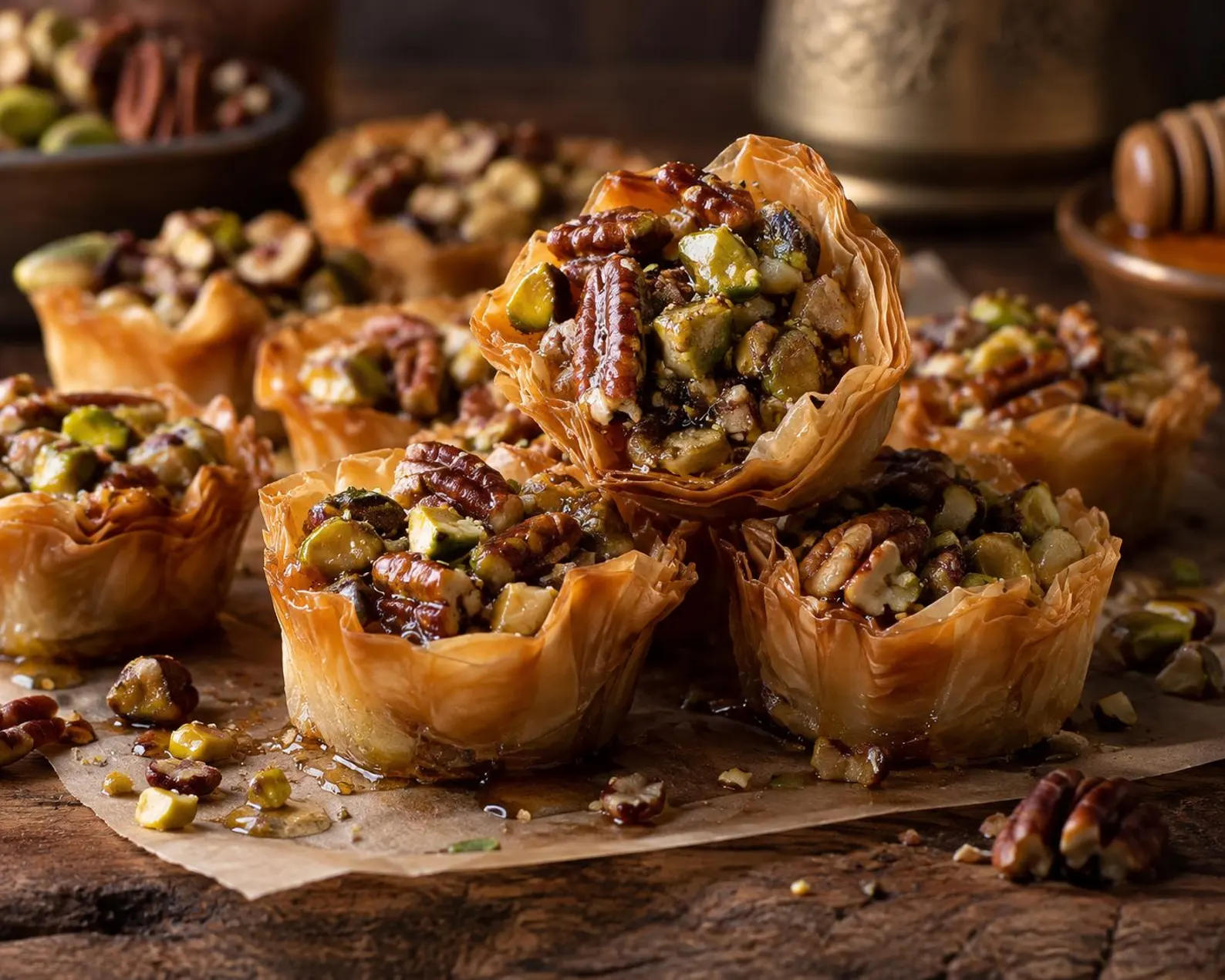 Golden homemade pecan pistachio baklava cups ready to serve
