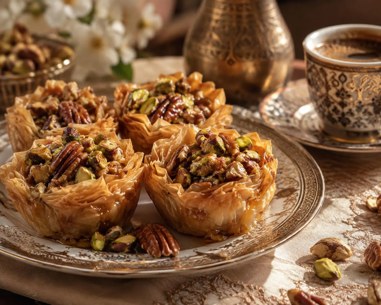 Pecan pistachio baklava cups arranged for serving as an individual dessert