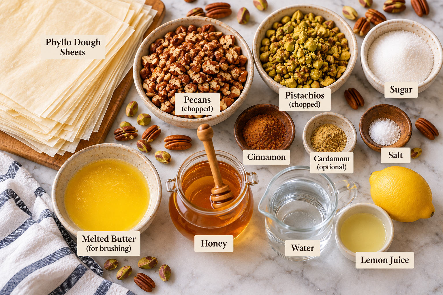 Essential ingredients for pecan pistachio baklava cups including phyllo dough, pecans, pistachios, honey, butter, lemon and spices