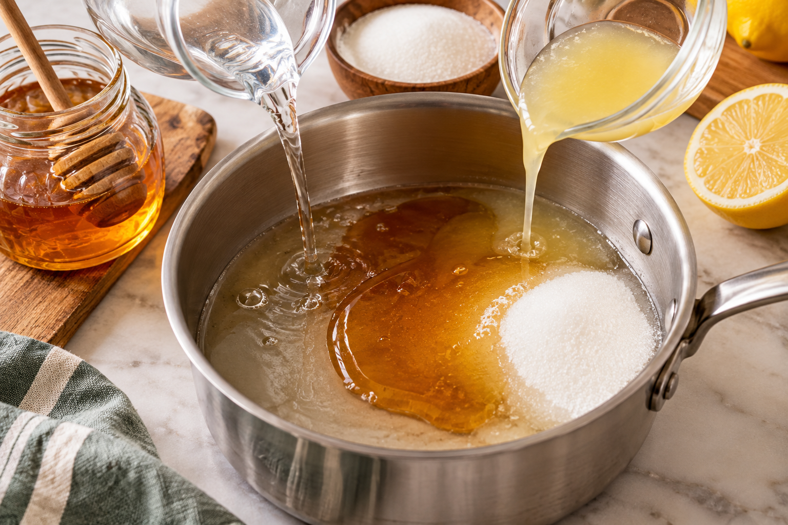 Honey, sugar, water and lemon juice simmering in a saucepan for baklava syrup