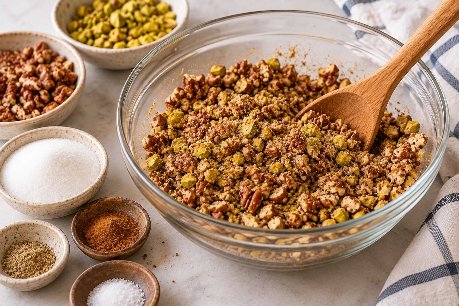 Chopped pecans and pistachios mixed with sugar, cinnamon and spices for baklava filling