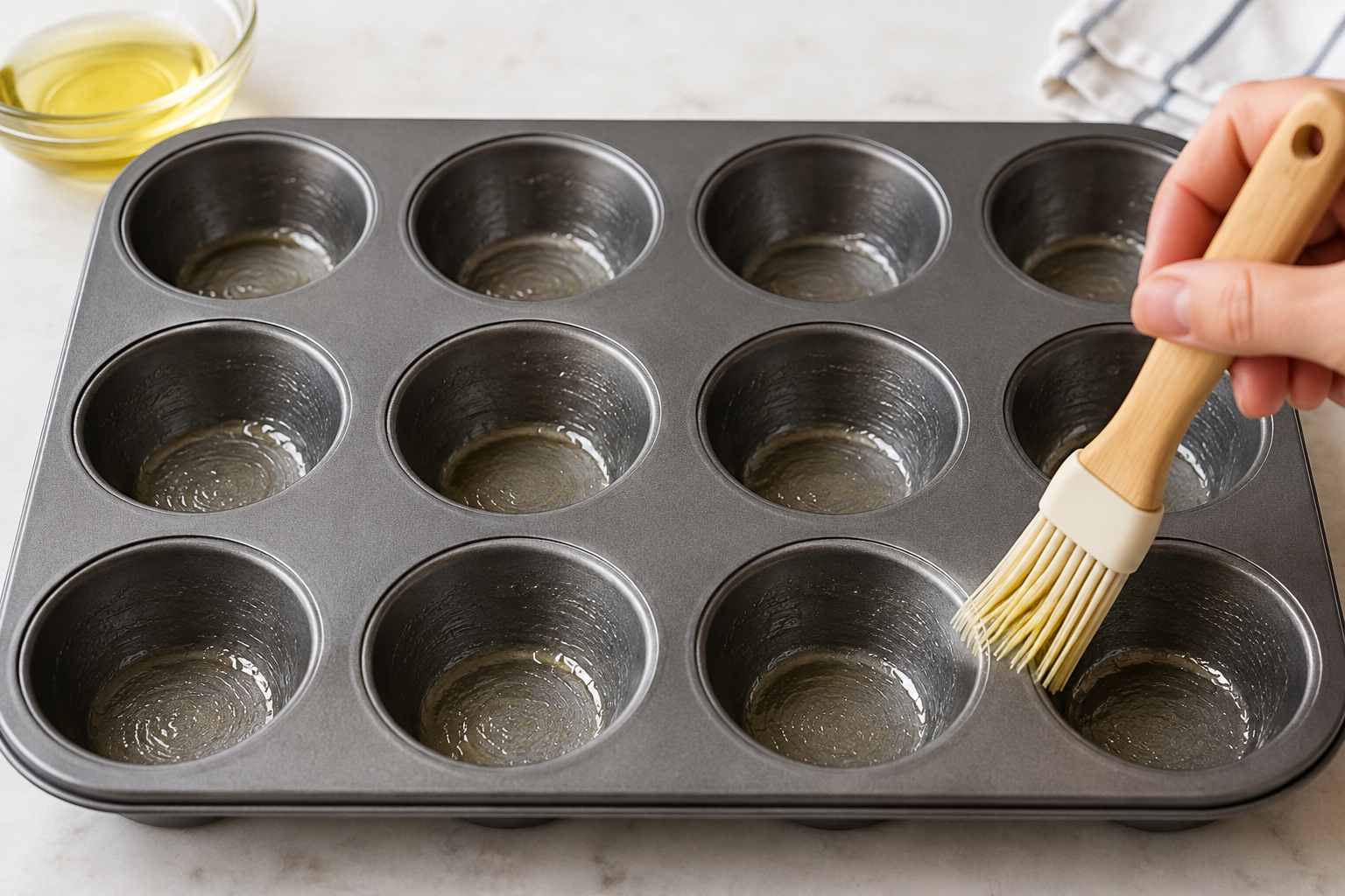 Standard muffin pan lightly greased and ready for assembling phyllo baklava cups