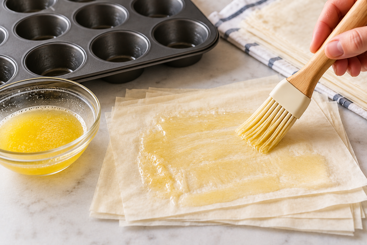 Phyllo dough square being brushed with melted butter before forming baklava cups