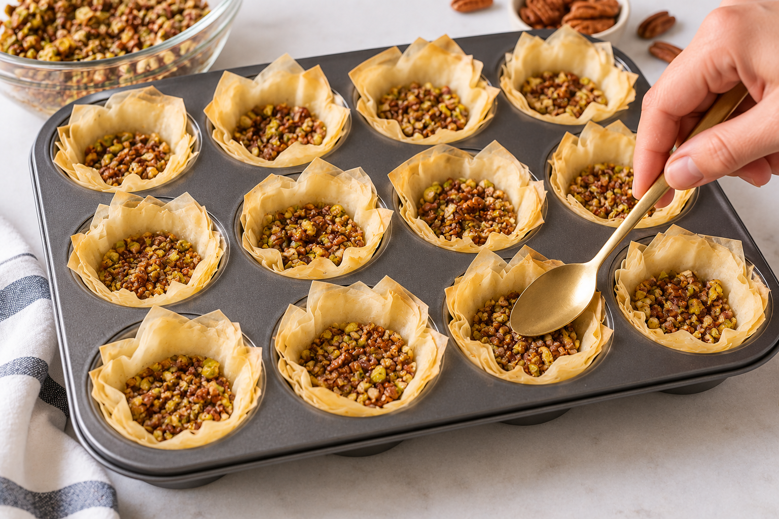 Phyllo cups filled with pecan pistachio mixture in a muffin pan before baking