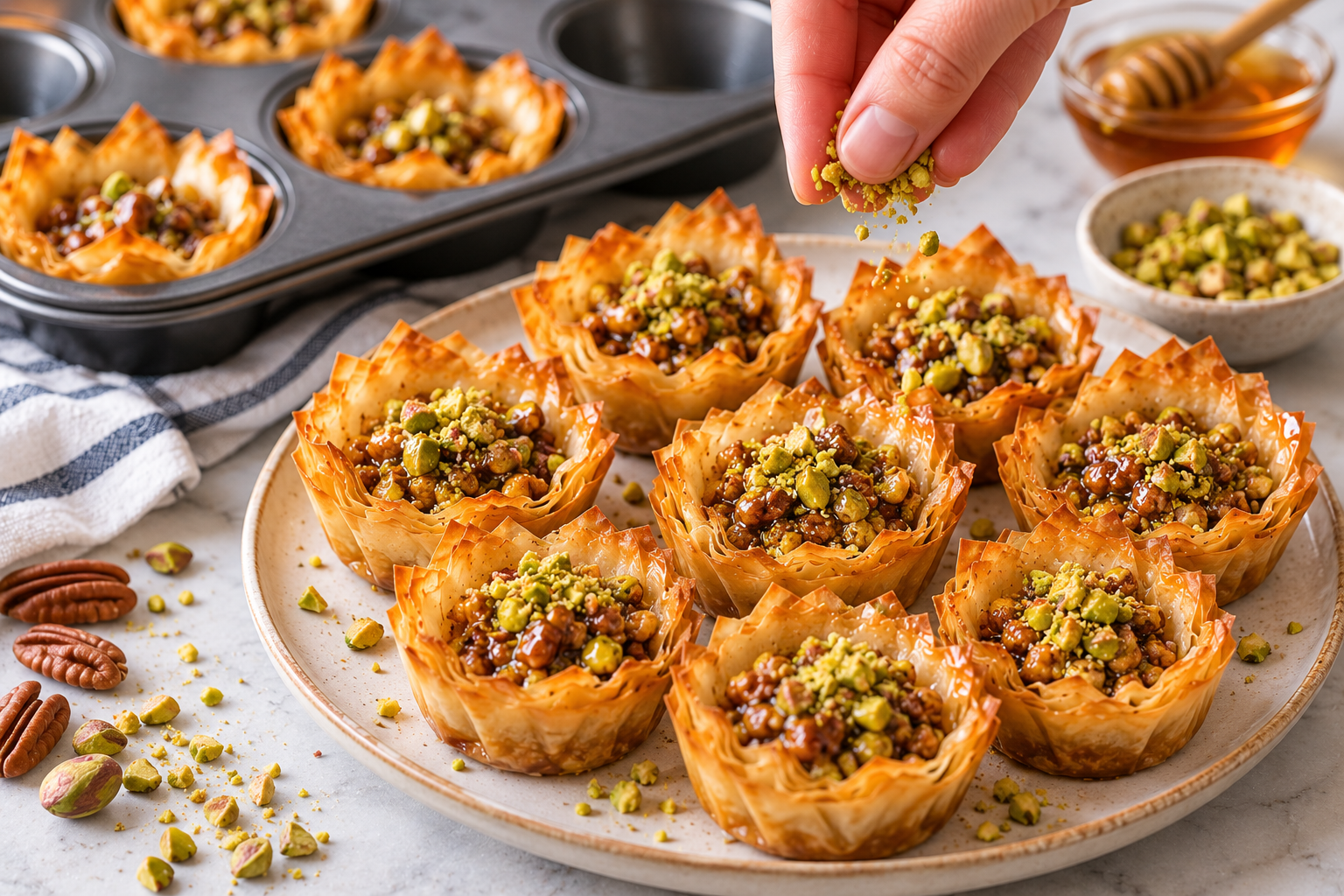Finished pecan pistachio baklava cups sprinkled with finely chopped pistachios