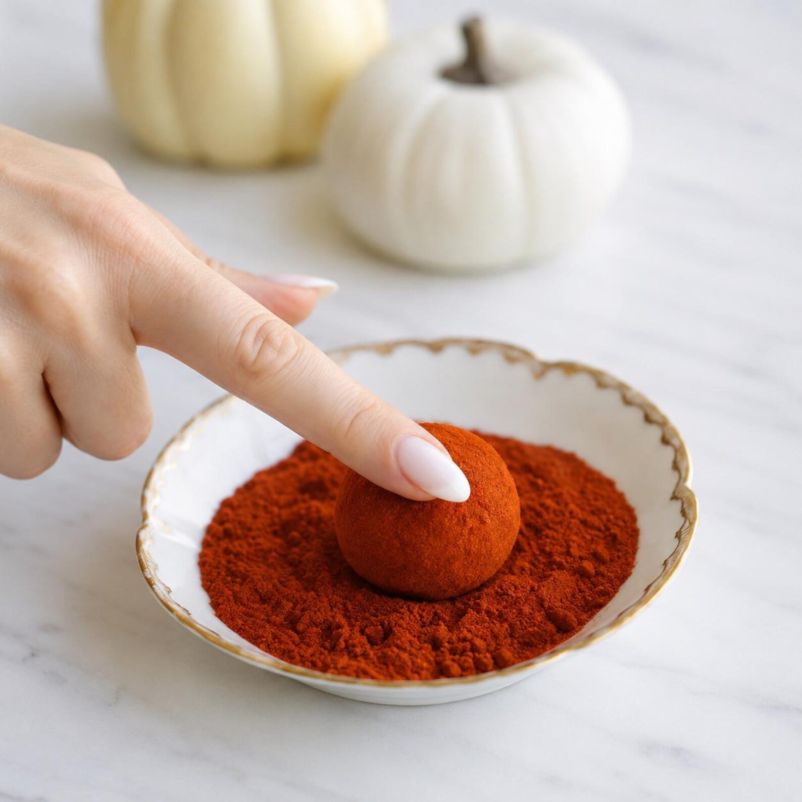 Mini cheese ball being rolled in red paprika coating for a festive pumpkin-shaped Fall, Autumn, and Thanksgiving appetizer.