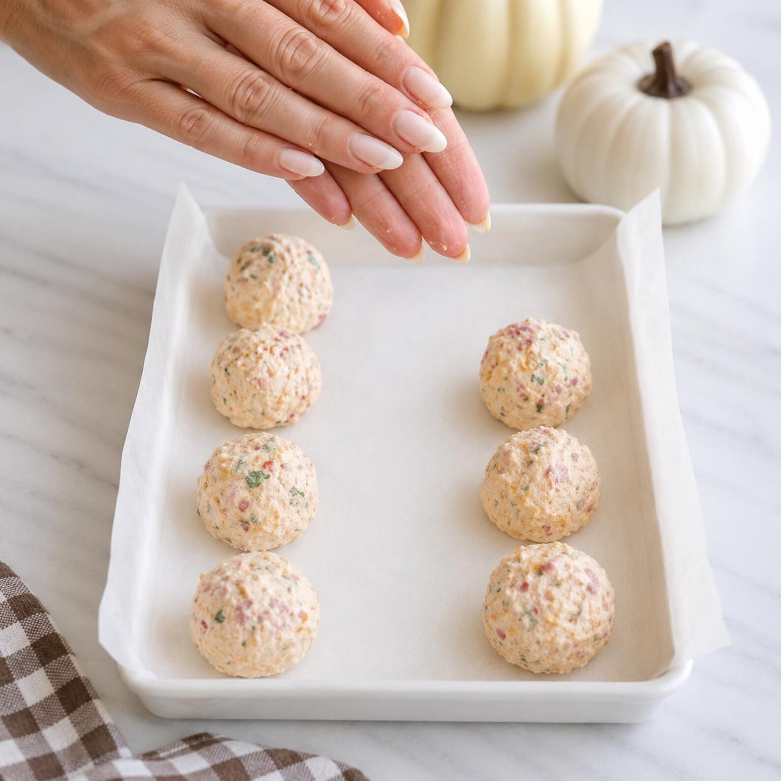 Chilled cheese mixture shaped into individual balls on a tray, ready to become mini pumpkin cheese balls for a festive Fall, Autumn, and Thanksgiving appetizer.