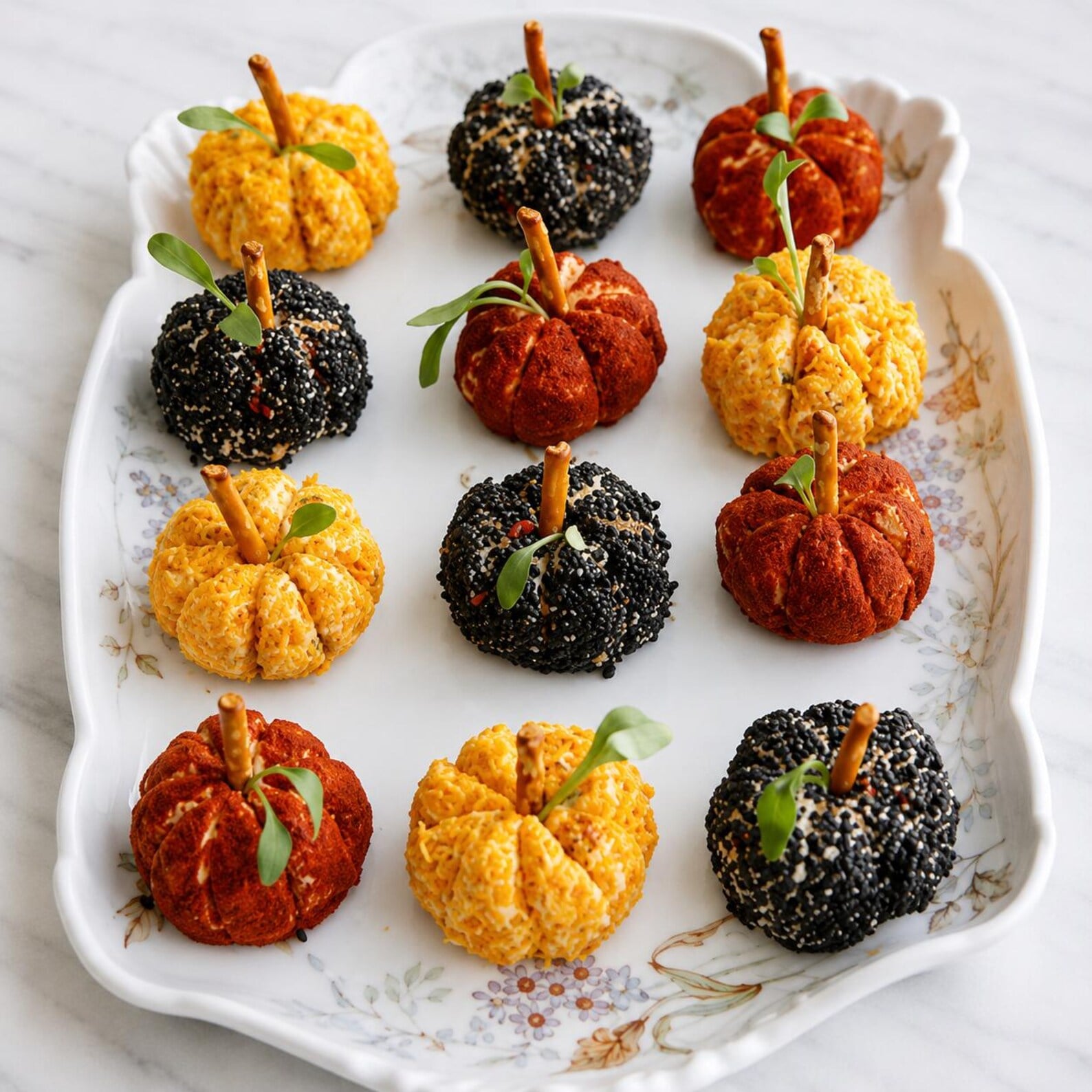 Finished orange, red, and black mini pumpkin cheese balls with pretzel stems and fresh green leaves arranged on a platter for a festive Fall, Autumn, and Thanksgiving appetizer.