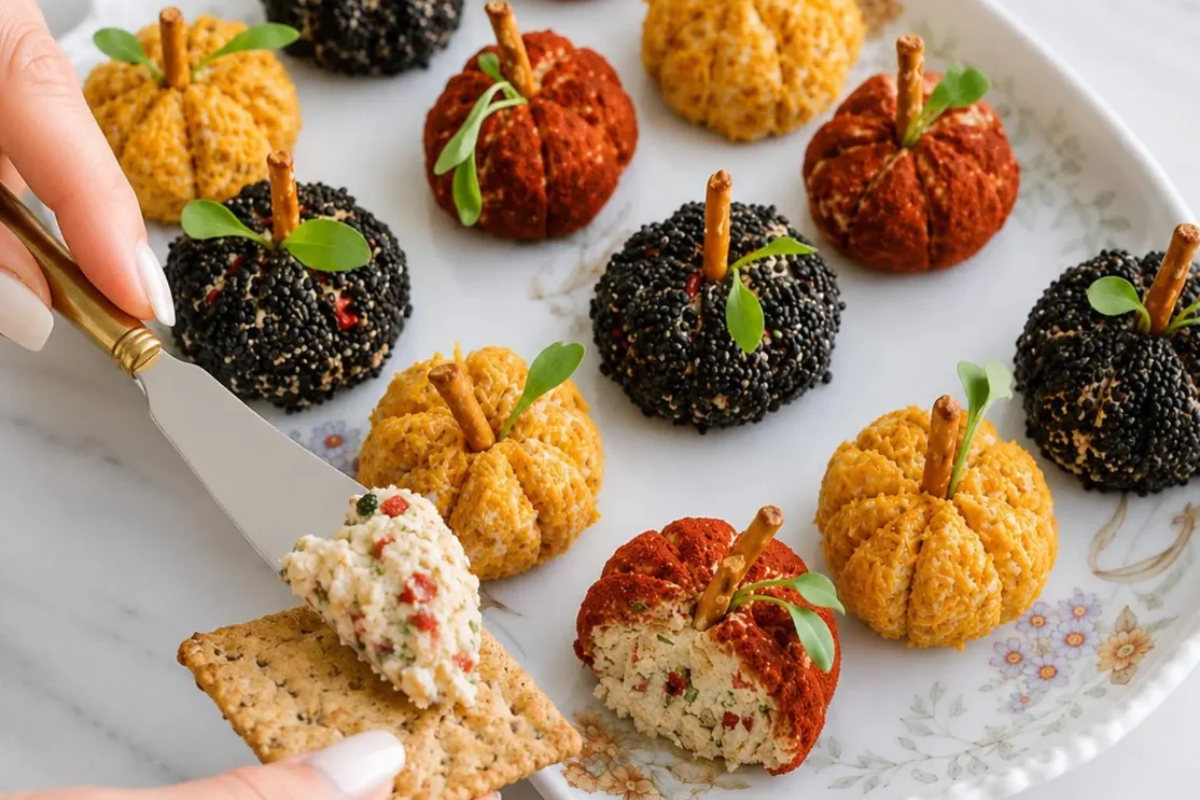 Colorful pumpkin-shaped cheese balls with savory coatings and pretzel stems for a festive Fall, Autumn, or Thanksgiving appetizer.