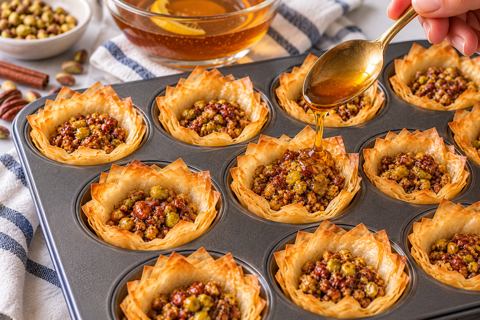Cooled honey syrup being spooned over warm pecan pistachio baklava cups
